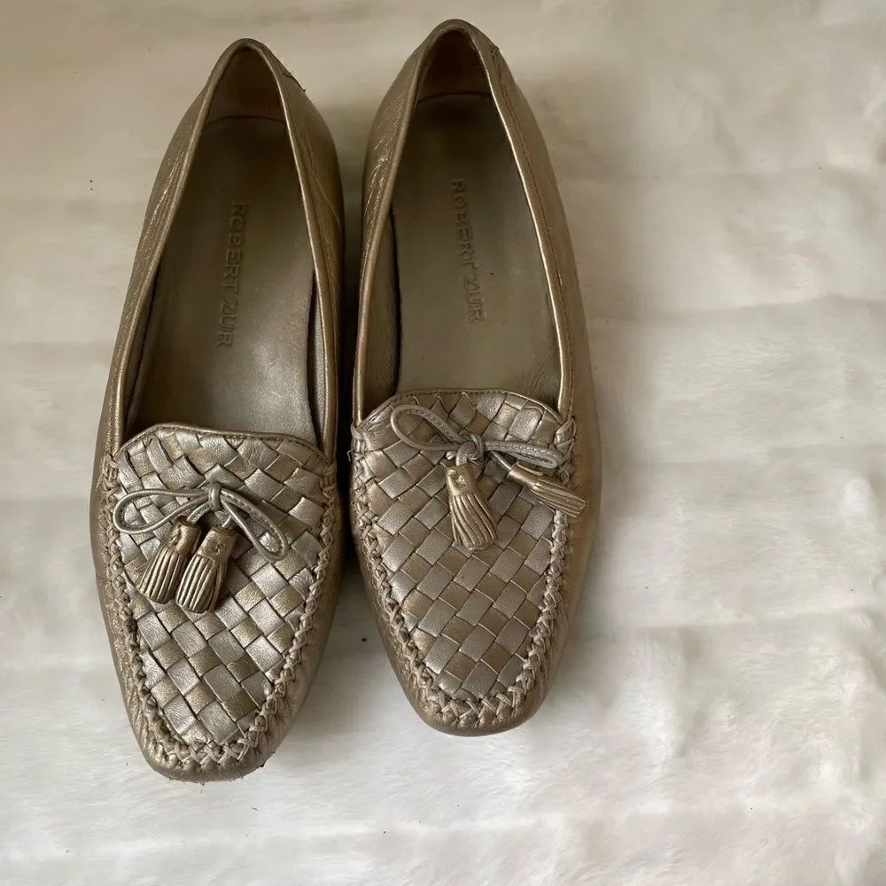 Robert Zur Metallic silver woven leather flats slip on rubber soles size…